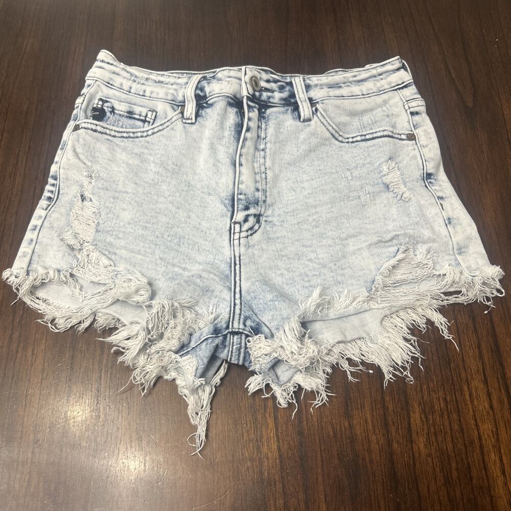 KanCan High Rise Distressed Acid Wash Stretch Shorts Sz L Raw Hem